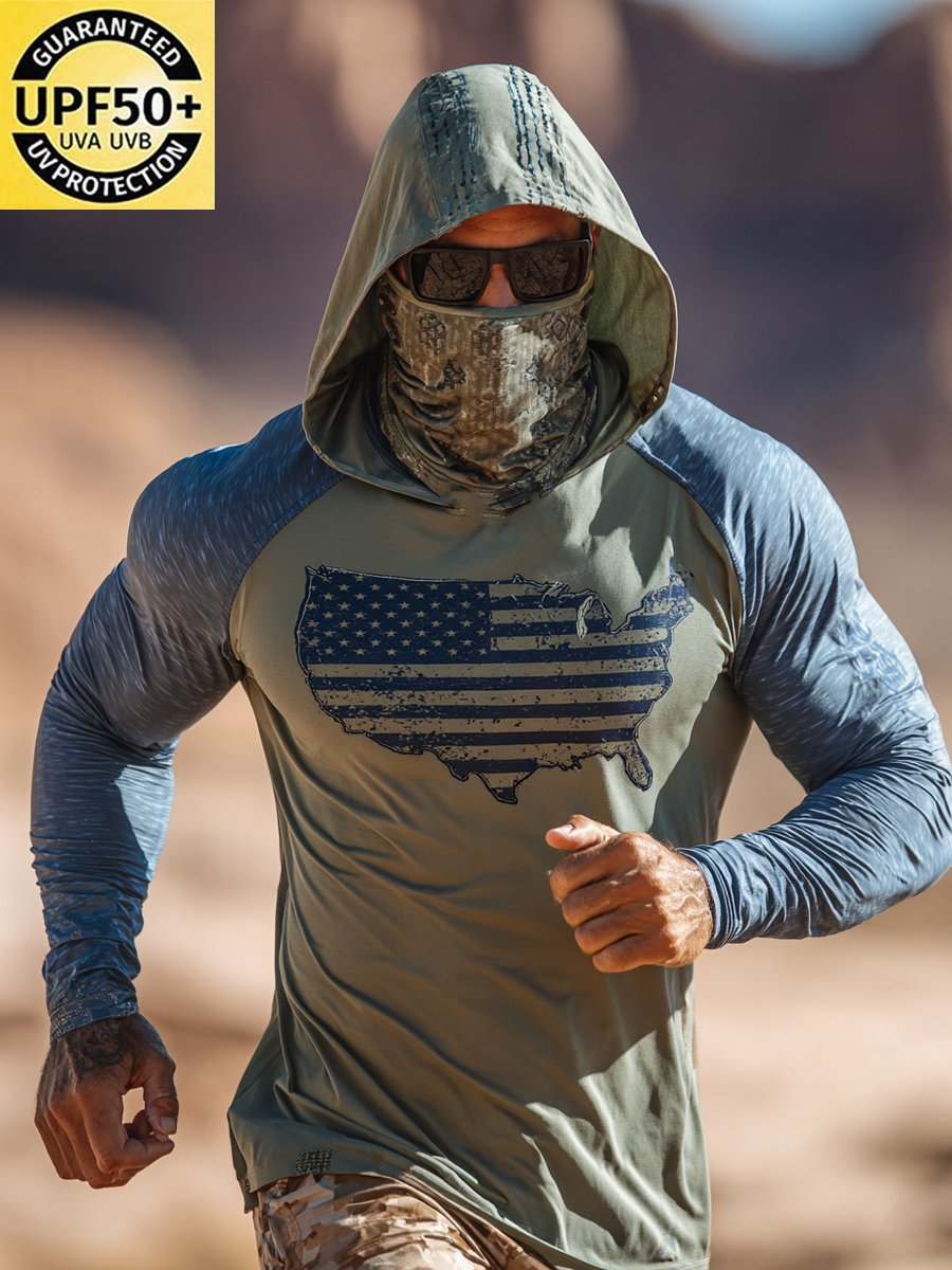 Men's Outdoor Sun Protection Breathable Cool Face Mask Hooded Printed Long-Sleeved Top