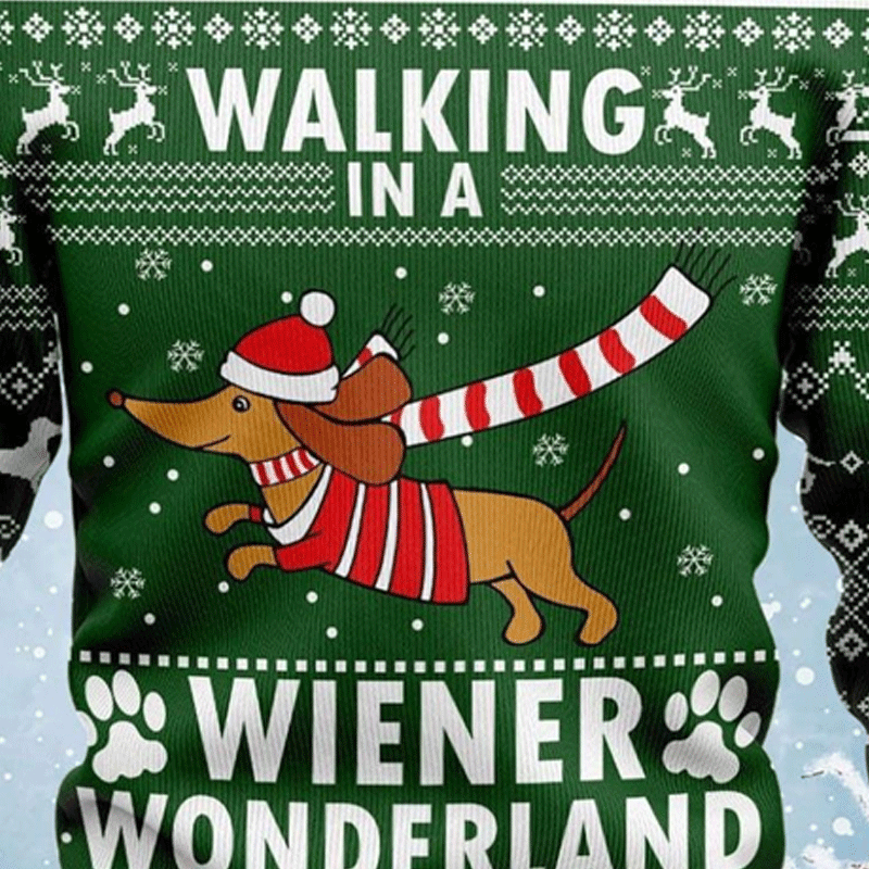 Unisex 3D Dachshund Through The Snow Christmas Funny Green Ugly Sweatshirt