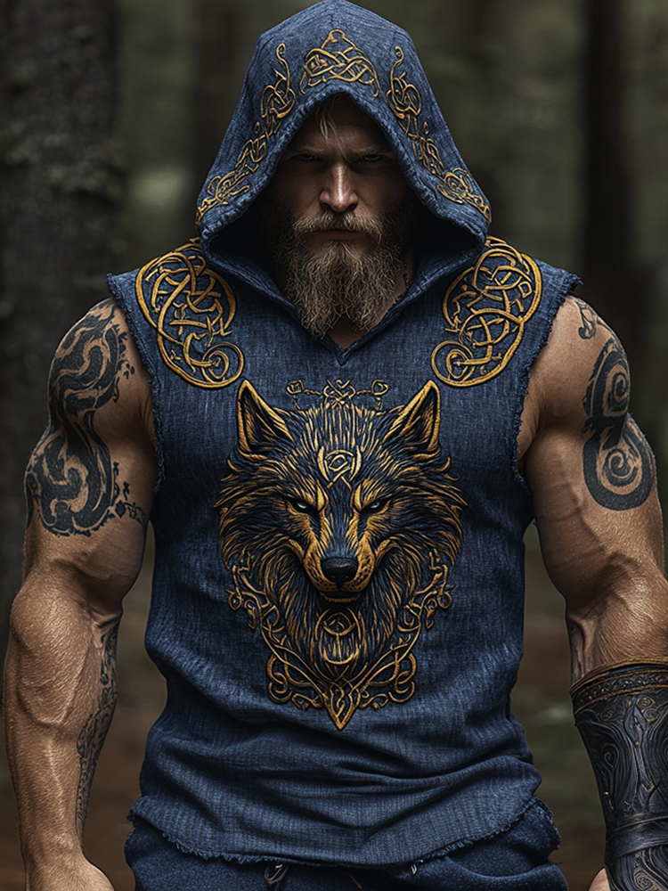 Men's Print Celtic Knot Inspired Wolf Golden Art Pattern Tank Top Hoodie