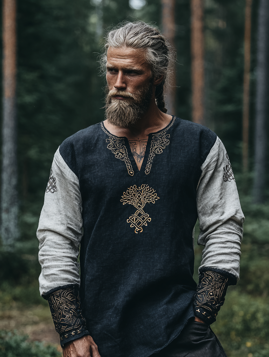 Men's Viking Occult Retro Two-Tone Tree Of Life Long-Sleeve Linen T-shirt
