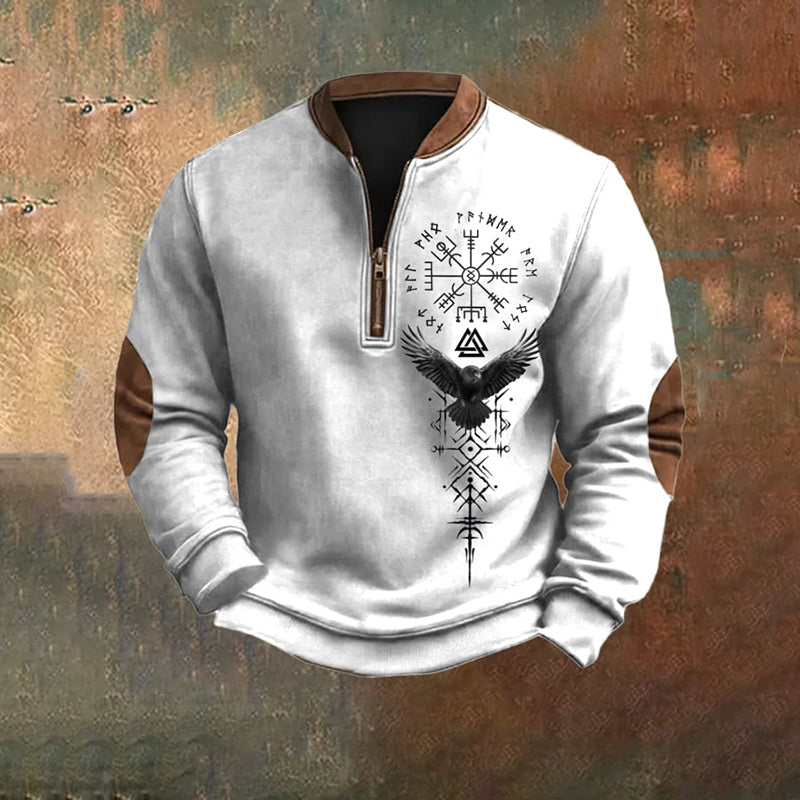 Men's Vintage Viking Print Zip-Up Collar Sweatshirt