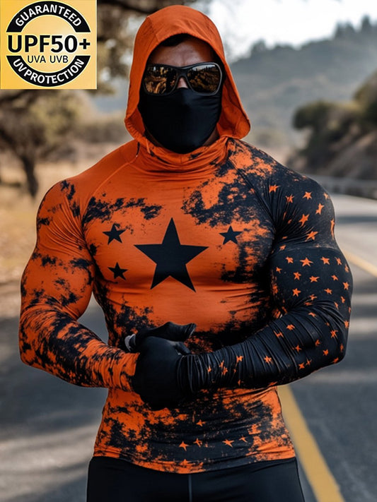 Men's Outdoor Sun Protection Breathable Cool Mask American Flag Print Hooded Sun Protection Long Sleeve Top