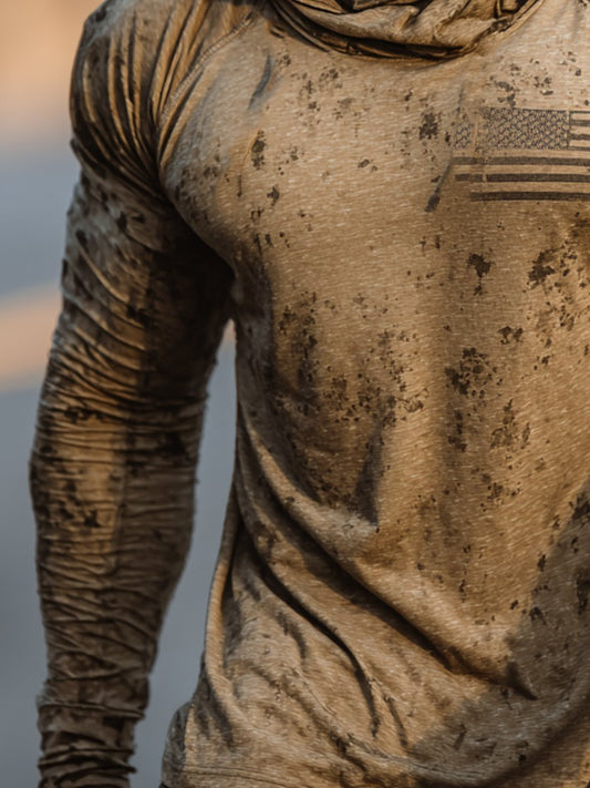 Men's Retro Flag Print Outdoor Sun Protection Breathable Cooling Mask Hooded Sun Protection Long Sleeve Top
