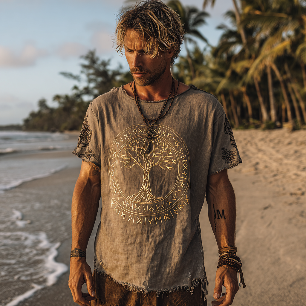 Men's Vintage Coastal Linen T-Shirt – Gold Yggdrasil & Rune Design