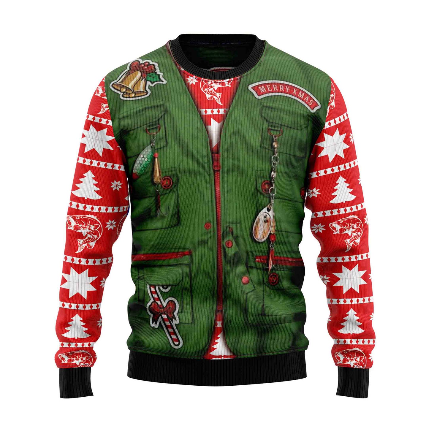 Unisex Vintage Merry Fishmas Print Crew Neck Ugly Christmas Sweatshirt