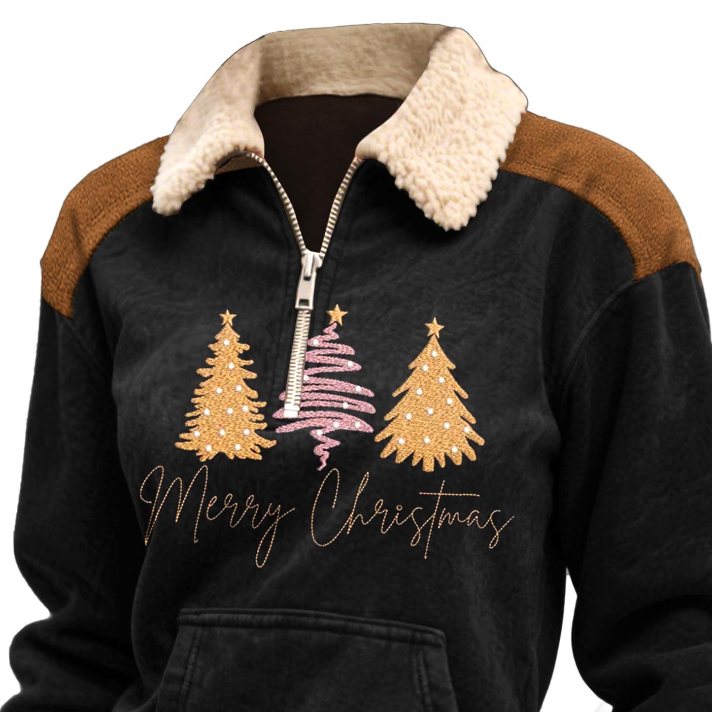 Women's Vintage Merry Christmas Tree Print Pocket Quarter-Zip Fleece Lapel Ugly Christmas Sweatshirt