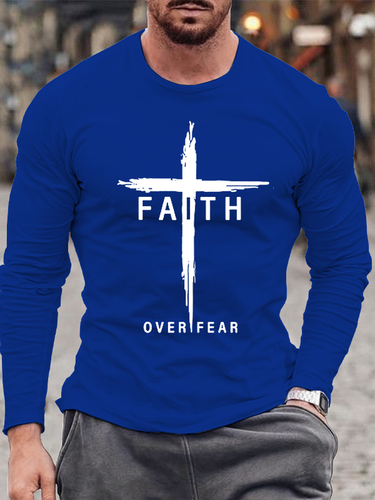 Faith Over Fear Cross Jesus God Christian Cotton Long Sleeve T-Shirt