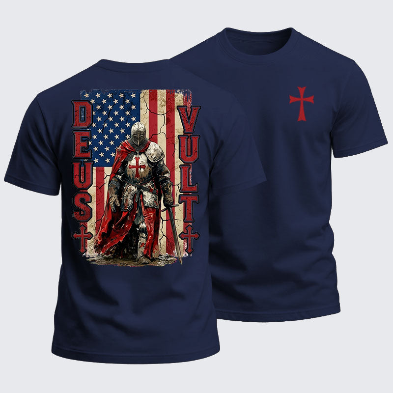 Heavyweight Cotton Tee - Deus Vult Knight Templar American Flag Crusader
