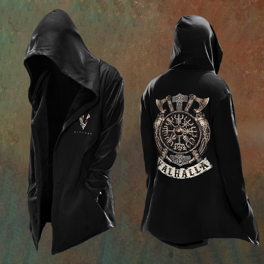 Men's Vikings Printed Axe Totem Vintage Hooded Jacket