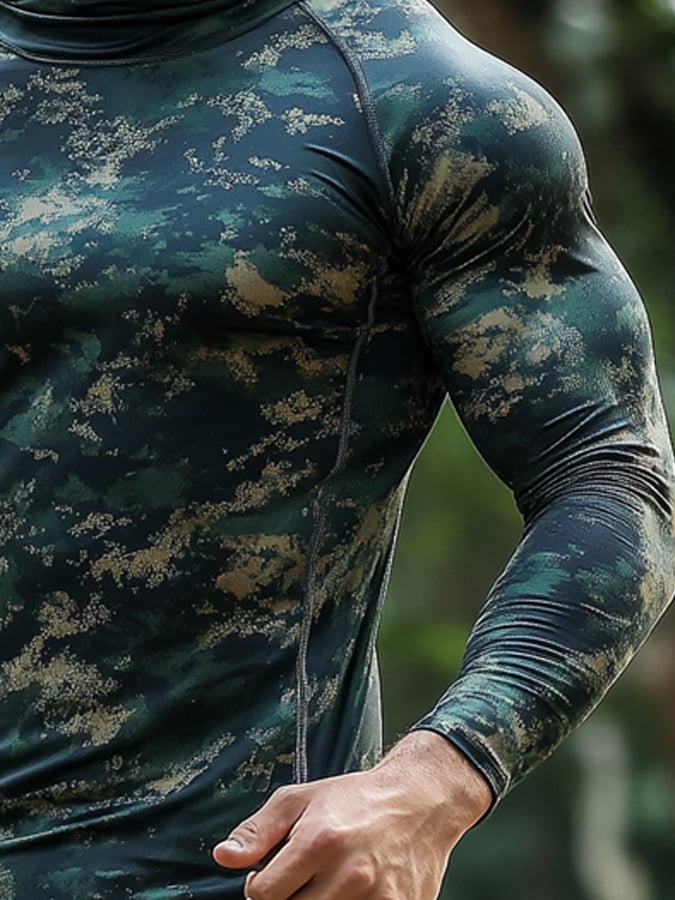 Men's Outdoor Sun Protection Breathable Cool Hunting Camouflage Mask Hooded Sun Protection Long-Sleeved Top