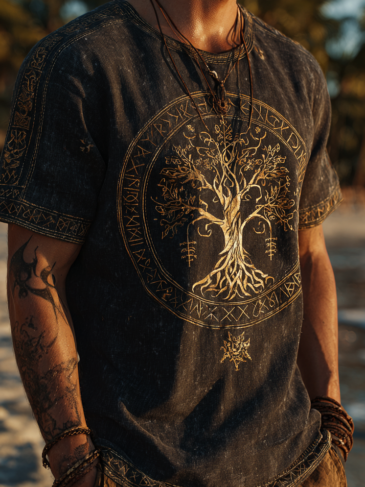 Men's Viking Mythology Nordic Tree Of Life Retro Coastal Yggdrasil T-Shirt