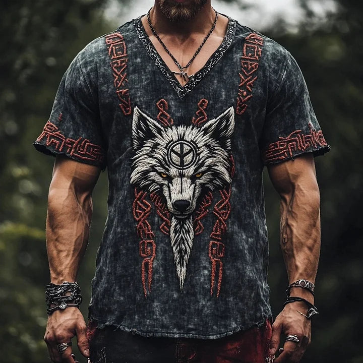 Men's Viking Knot Tribal Wolf Art Print Pattern Linen T-shirt