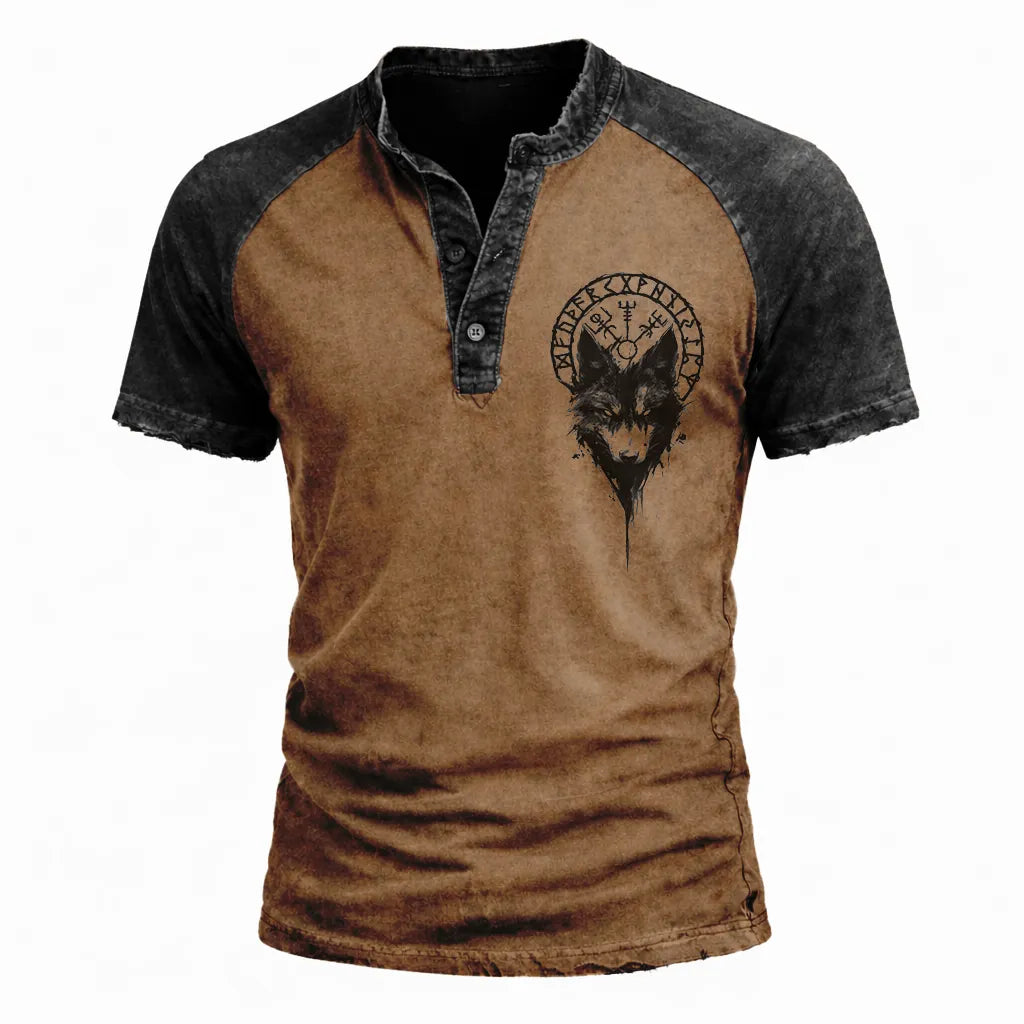 Men's Wolf Runic Print Henley T-Shirt - Vintage Distressed Two-Tone Short Sleeve Casual Top