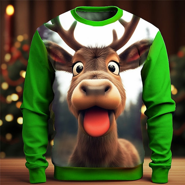 Men's Elk Deer 3D Print Christmas Cartoon Crew Neck Long Sleeve Sweatshirts