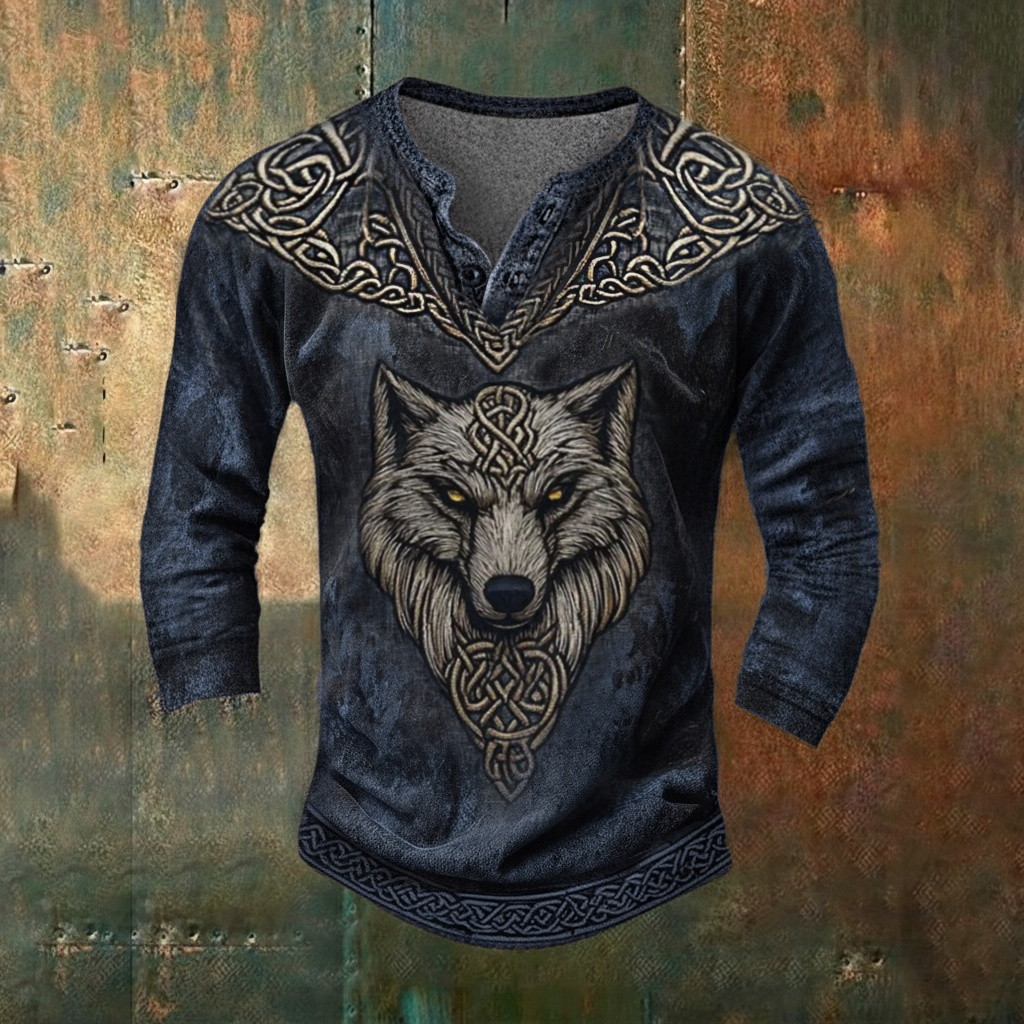 Viking Vegvísir Nordic Fenrir Wolf Casual Long-Sleeve Henley Shirt
