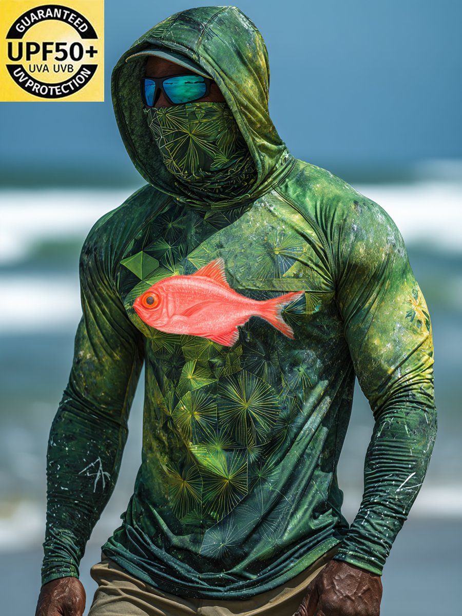Men's Outdoor Sun Protection Breathable Cool Face Mask Hooded Printed Long-Sleeved Top