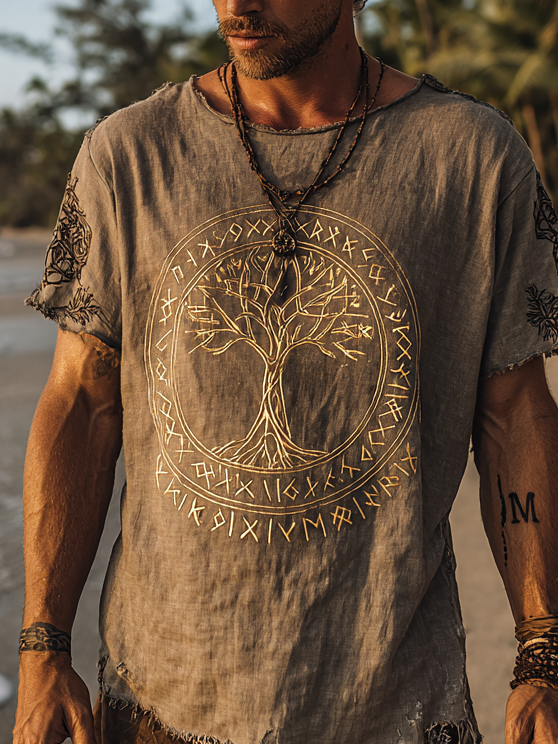 Men's Vintage Coastal Linen T-Shirt – Gold Yggdrasil & Rune Design