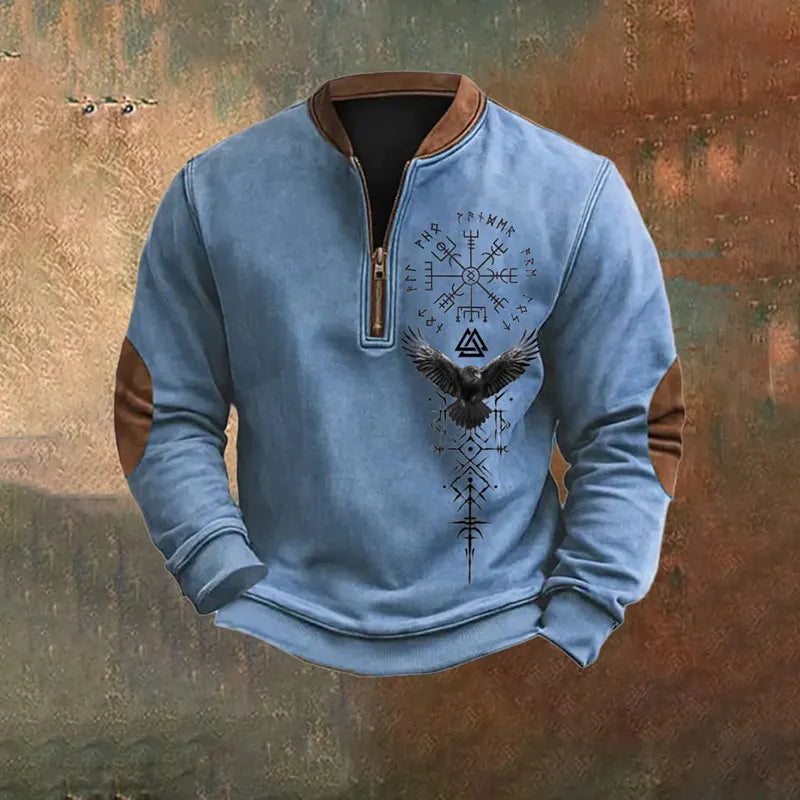 Men's Vintage Viking Print Zip-Up Collar Sweatshirt