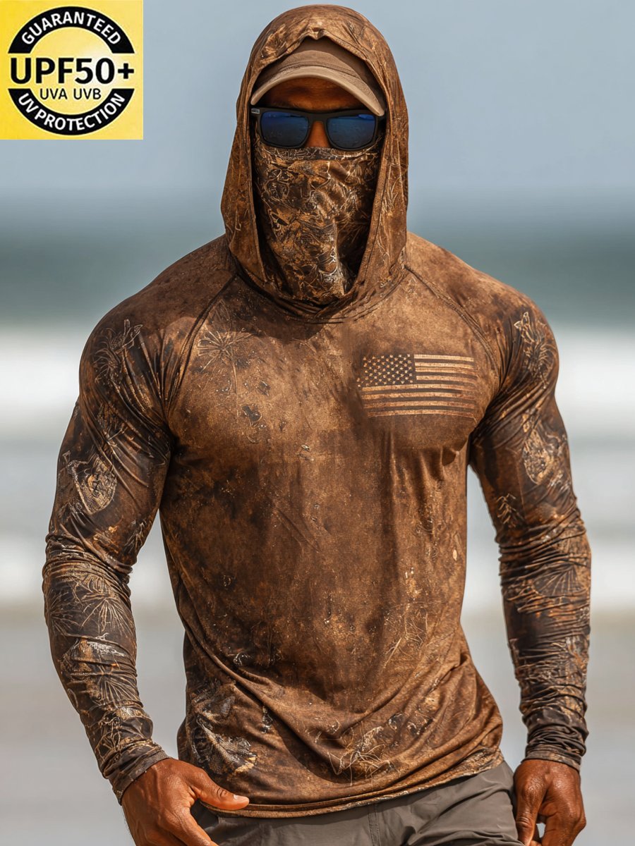 Men's Outdoor Sun Protection Breathable Cool Face Mask Hooded Printed Long-Sleeved Top