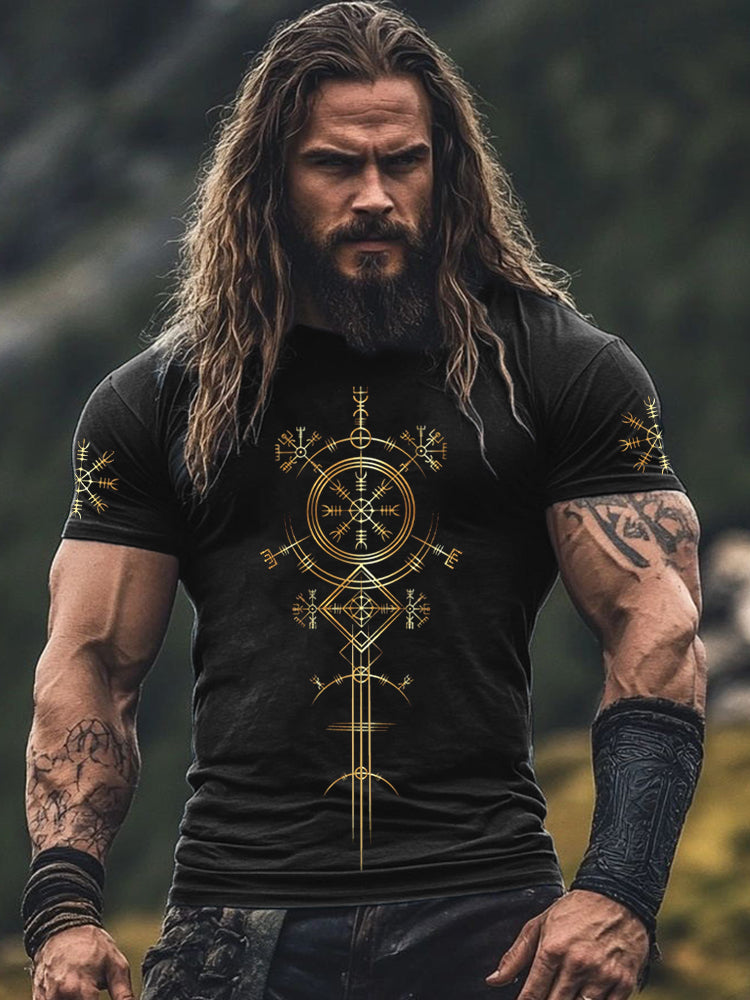 Men's Gold Viking Symbol Print Vintage Short Sleeve T-shirt