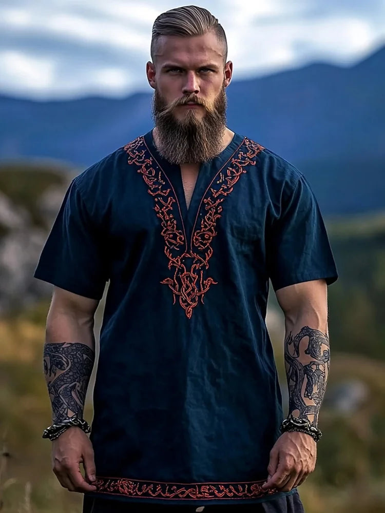Men's Viking Tree Of Life Tribal Art Linen T-shirt