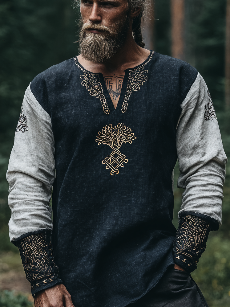 Men's Viking Occult Retro Two-Tone Tree Of Life Long-Sleeve Linen T-shirt