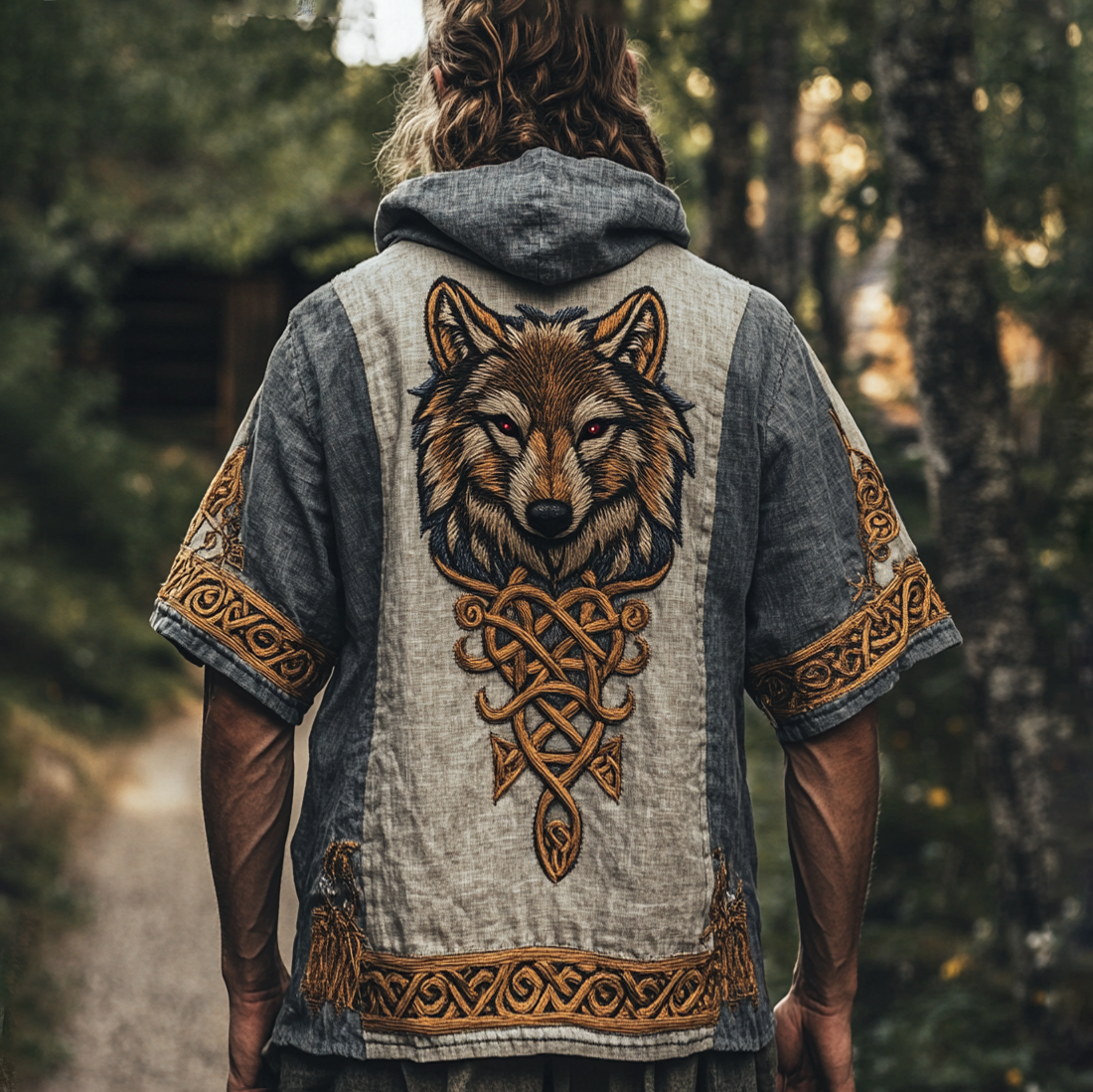 Men's Viking Tribal Print Wolf Print Art Pattern Linen Short Sleeve Hoodie