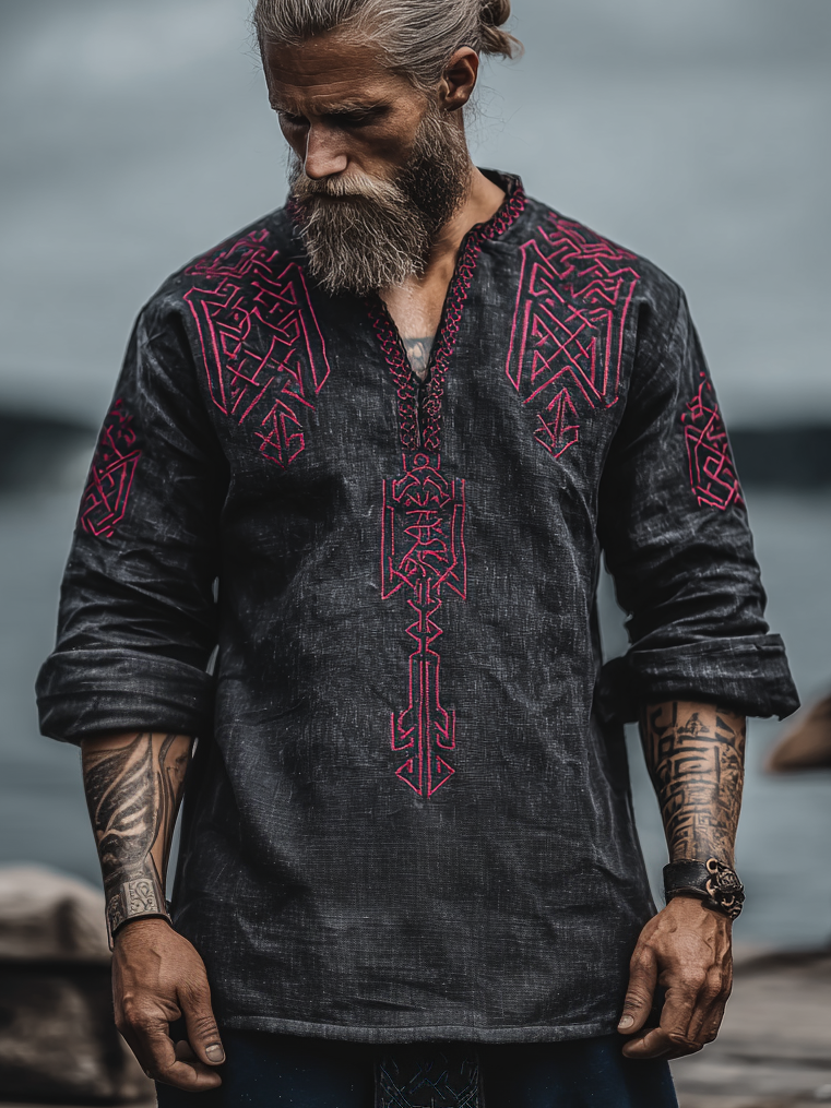 Men's Viking Occult Vintage Long-Sleeve Linen T-shirt