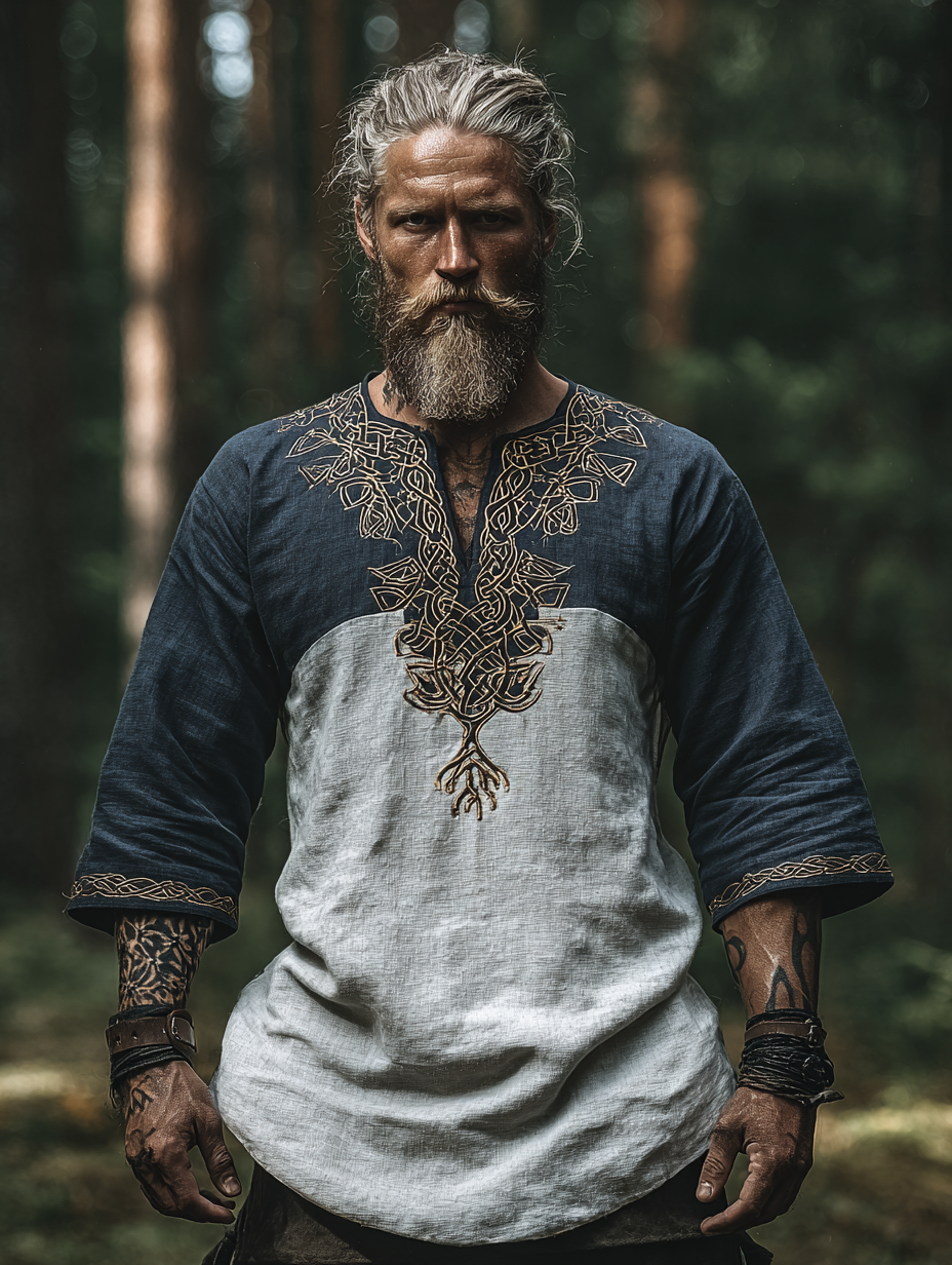 Men's Viking Occult Retro Two-Tone Tribal Golden Totem Long-Sleeve Linen T-shirt