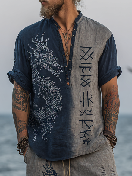 Men's Vintage Viking Distressed Retro Dragon Rune Design Linen Shirt
