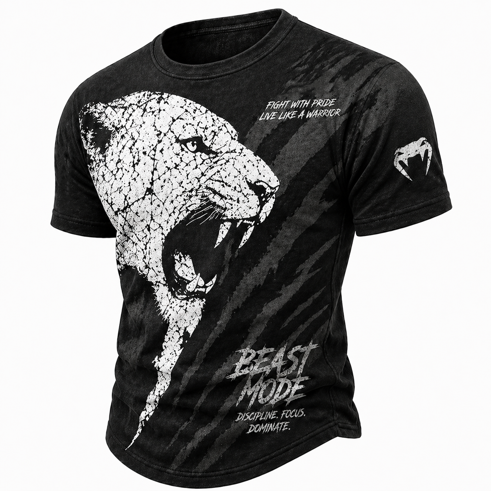 Men's 'Beast Mode' Roaring Big Cat Graphic T-Shirt - Distressed Black Short Sleeve