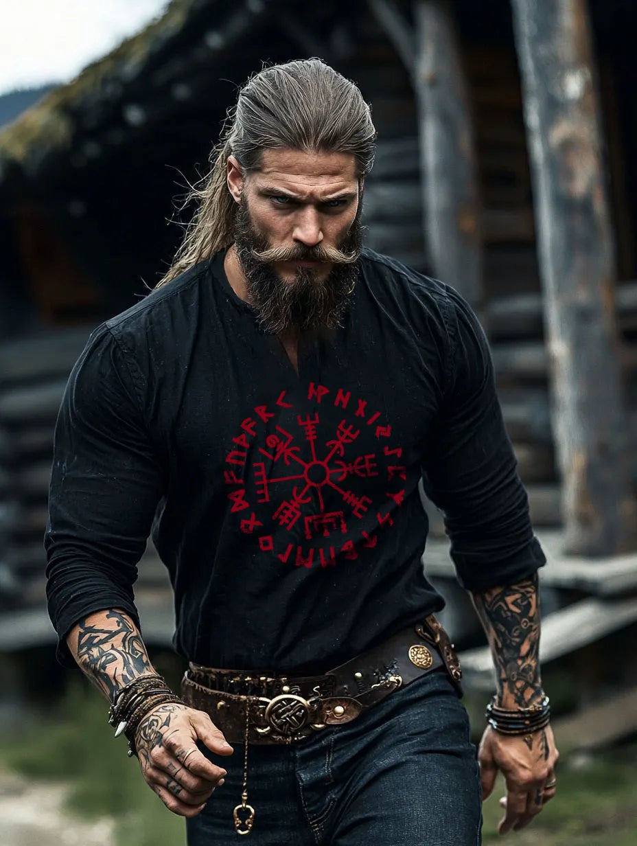 Viking Runestone Tablecloth Rune Compass Rune Tattoo Design Printed Henley Shirt V-Neck Long Sleeve