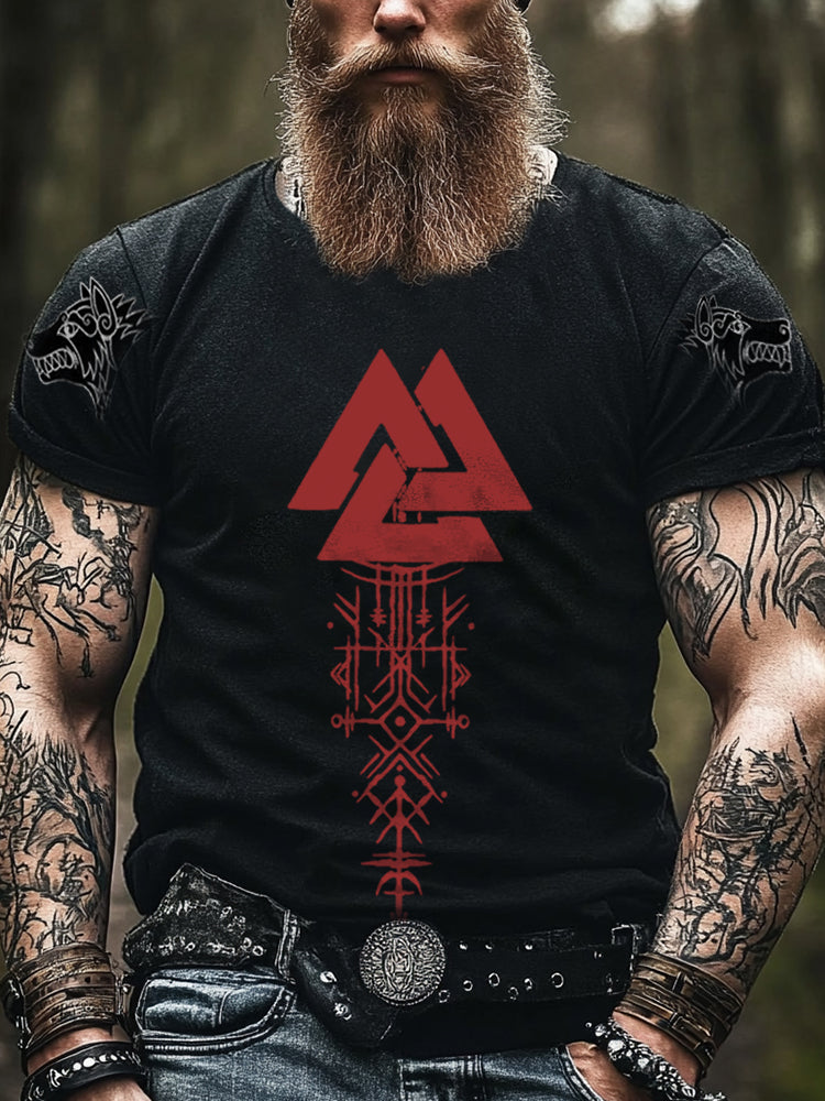 Viking Guardian Triangle Wolf King Mysterious Totem Design Tattoo Pattern Short Sleeve Top