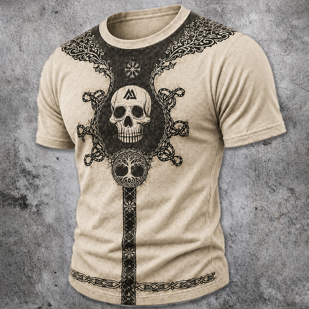 Men's Viking Skull Graphic T-Shirt - Norse Mythology Print Casual Short Sleeve Tee