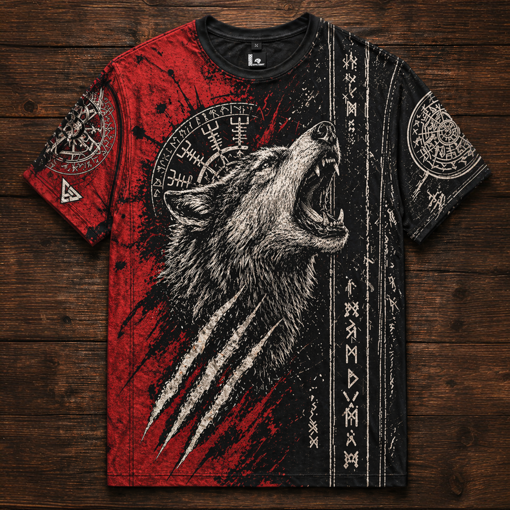 Unisex Viking Wolf Print T-Shirt - Red & Black Split Design Nordic Symbol Short Sleeve