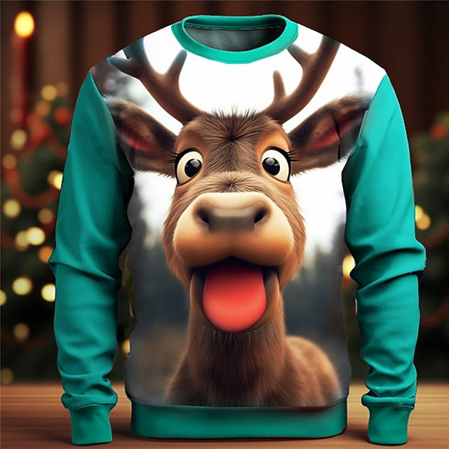 Men's Elk Deer 3D Print Christmas Cartoon Crew Neck Long Sleeve Sweatshirts