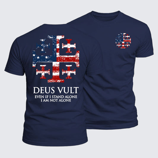 Luxe Mercerized Cotton Tee - Deus Vult Jerusalem Cross Usa Flag Even If I Stand Alone, I Am Not Alone