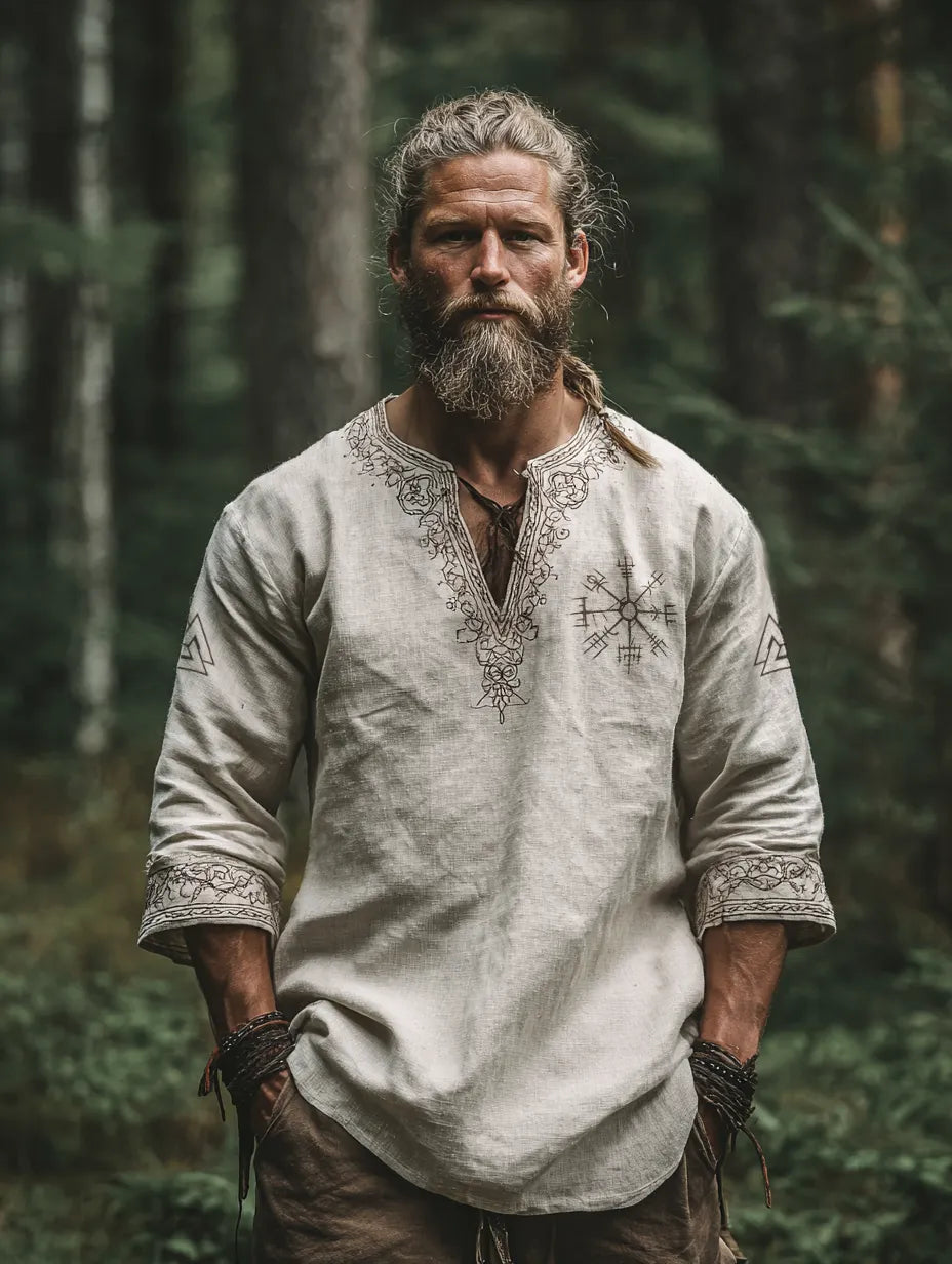 Men's Viking Style Vintage Long-Sleeve Linen T-shirt