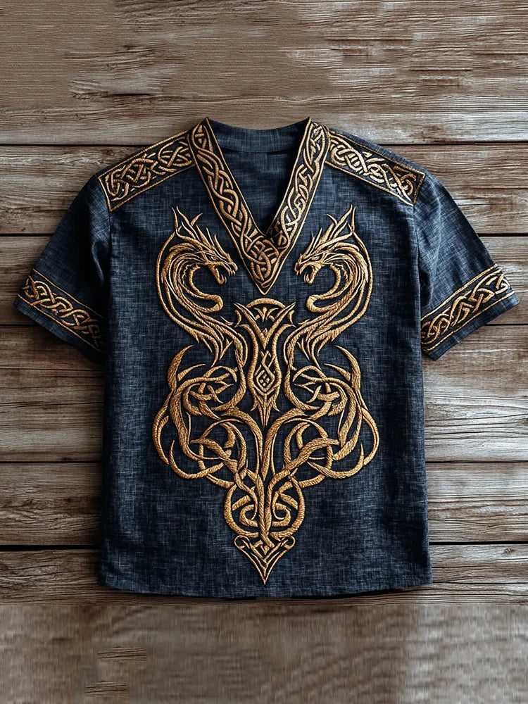 Men's Viking Tribal Dragon Celtic Art Linen V-neck T Shirt