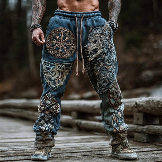 Viking Fenrir Wolf & Aegishjalmur Print Men's Casual Pants