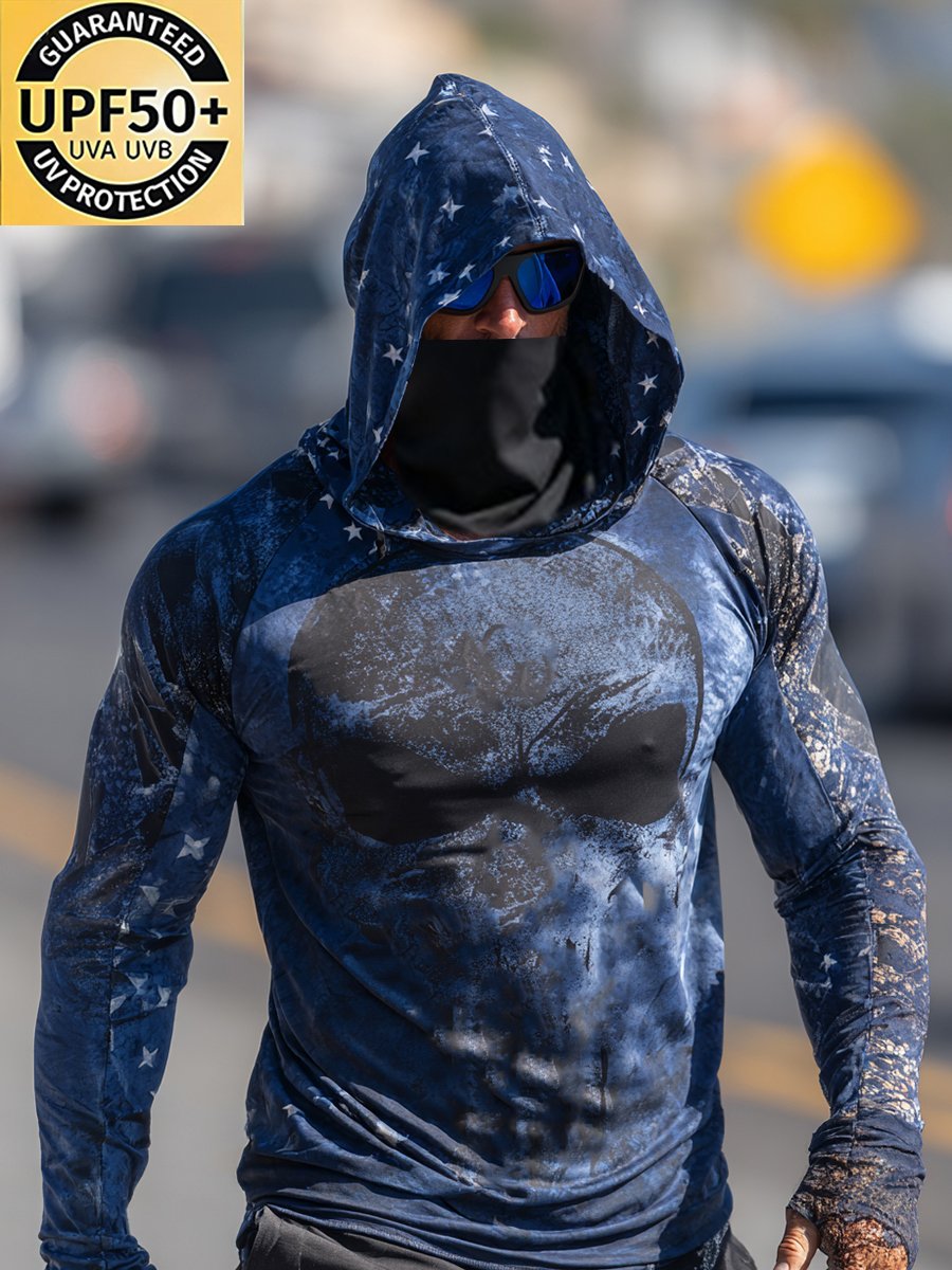 Men's Retro Skull Outdoor Sun Protection Breathable Cooling Mask Hooded Sun Protection Long Sleeve Top