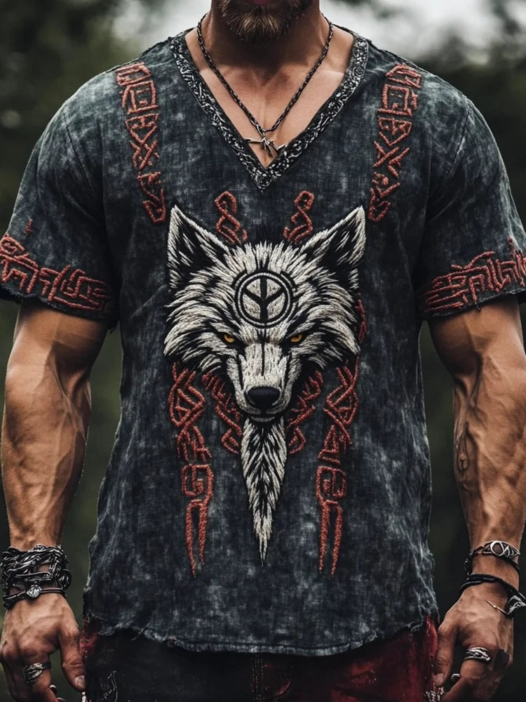 Men's Viking Knot Tribal Wolf Art Print Pattern Linen T-shirt