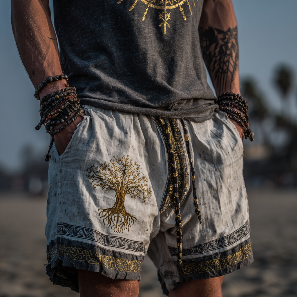 Men's Nordic Viking-Inspired Gold Yggdrasil Casual Shorts
