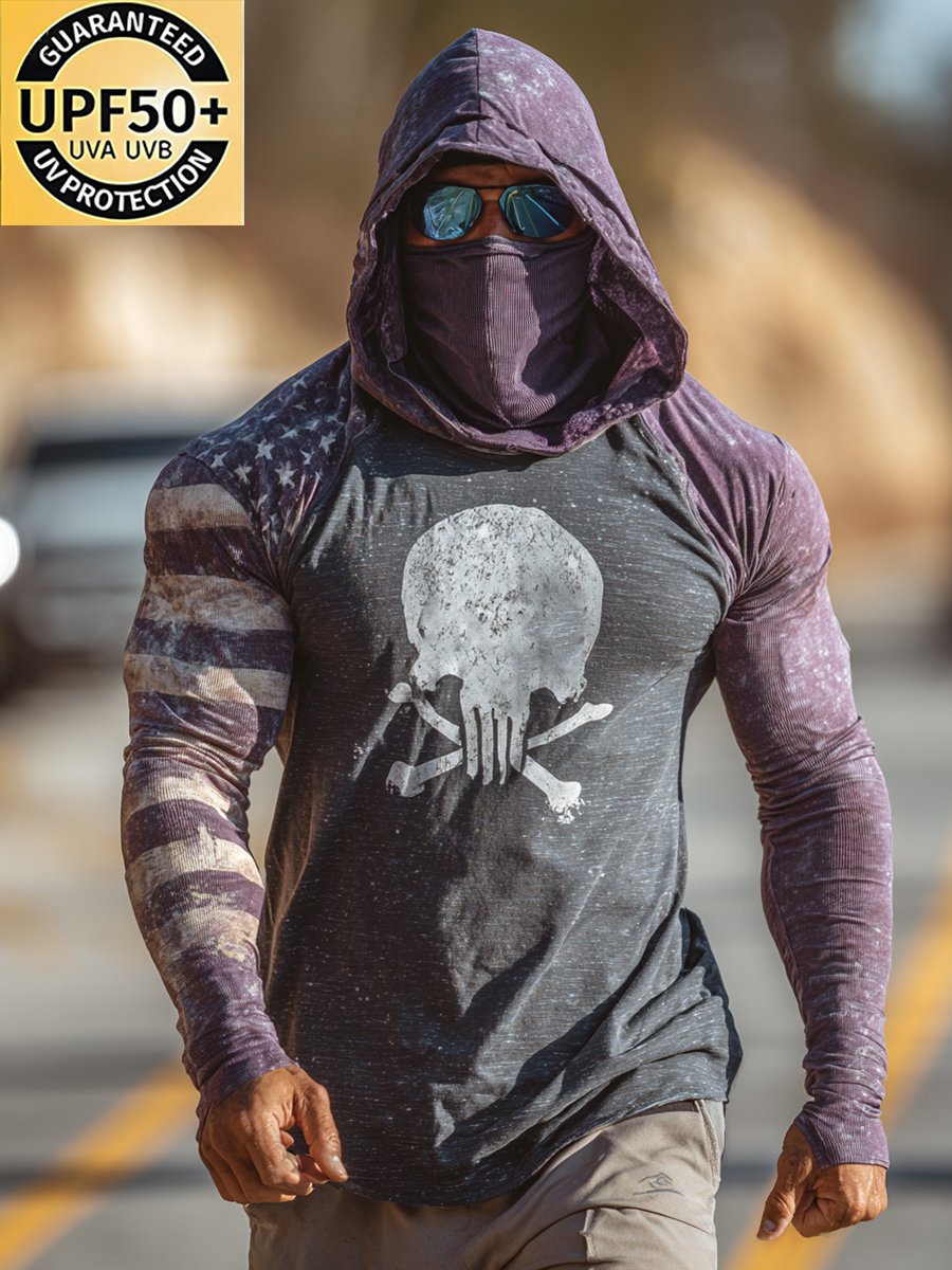 Men's Retro Skull Outdoor Sun Protection Breathable Cooling Mask Hooded Sun Protection Long Sleeve Top
