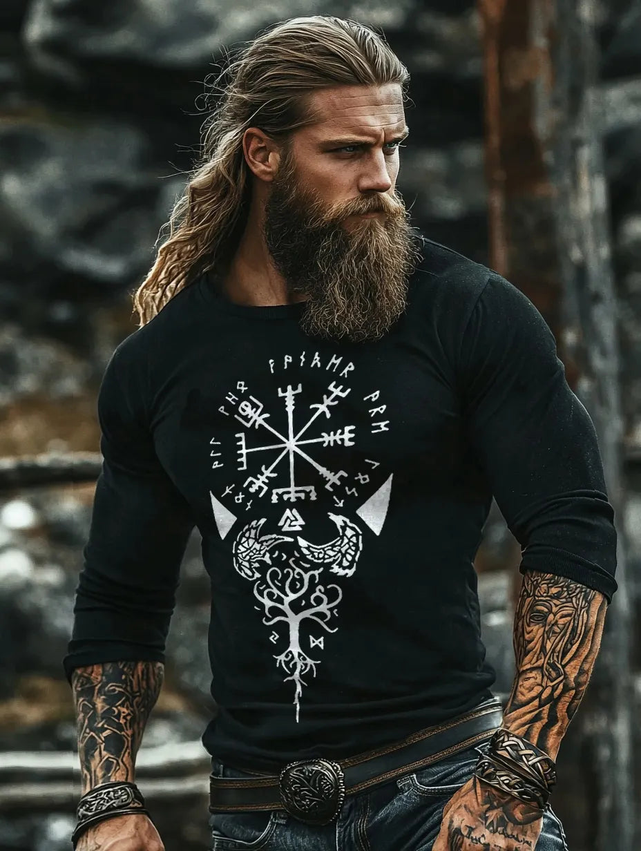 Viking Runestone Tablecloth Rune Compass Rune Design Print Henley Shirt Long Sleeve
