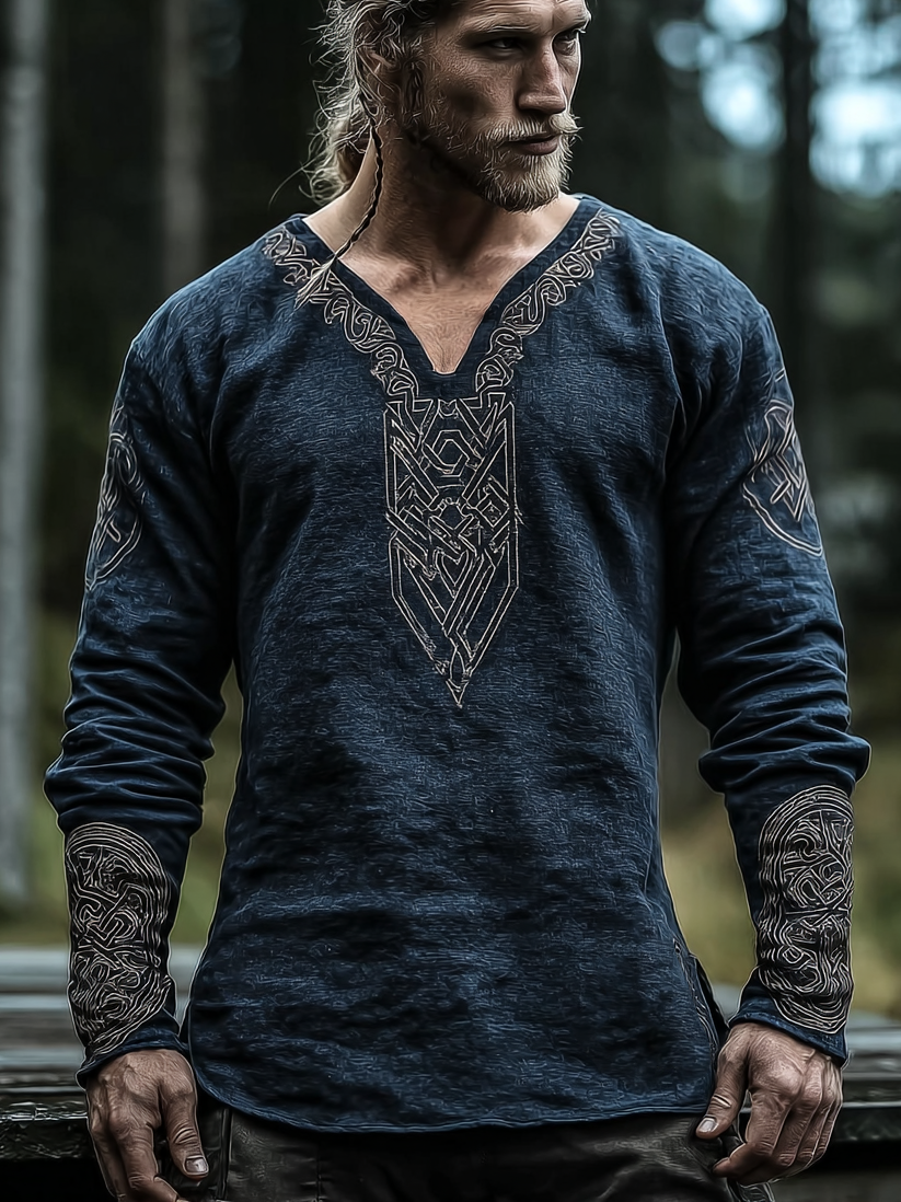 Men's Viking Occult Retro Golden Tribal Long-Sleeve Linen T-shirt