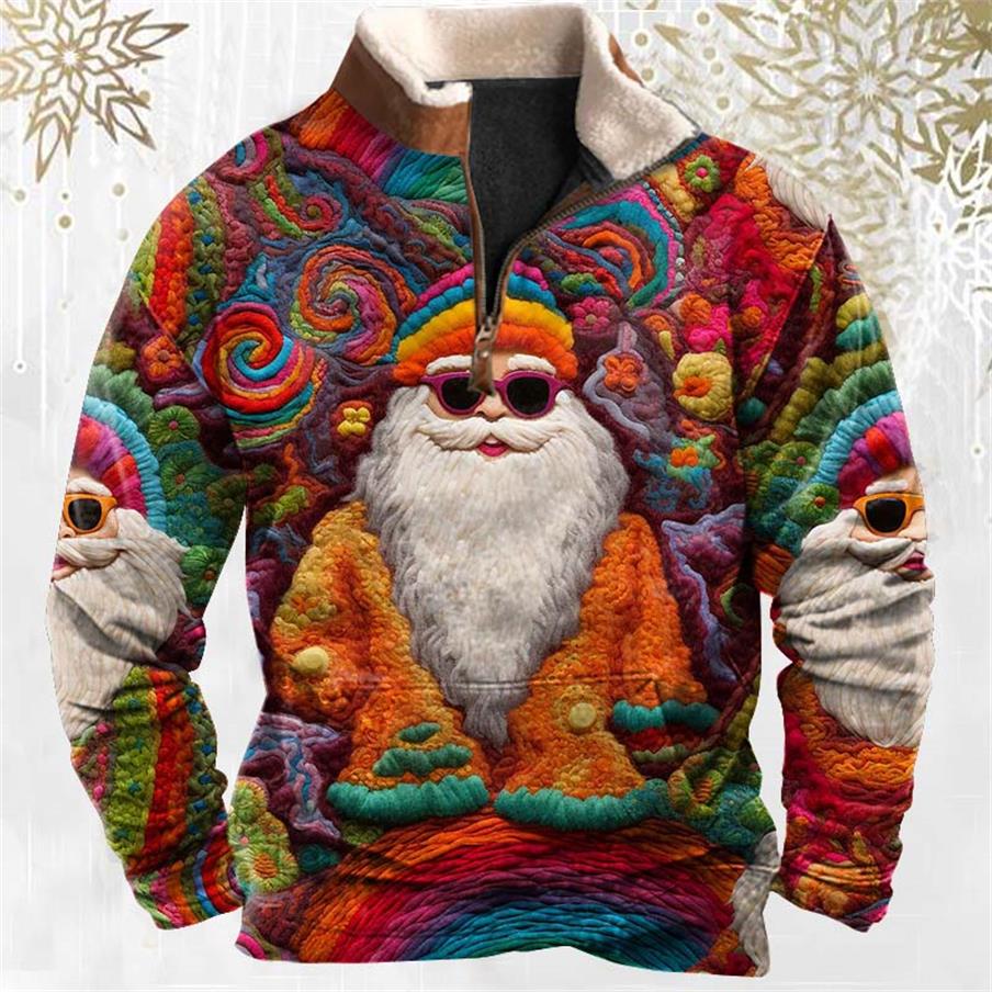 Men's Sweatshirt Quarter Zip Retro Santa Christmas Plush Collar Vintage Daily Tops