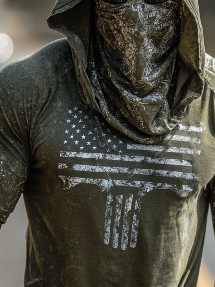 Men's Retro Flag Outdoor Sun Protection Breathable Cooling Mask Hooded Sun Protection Long Sleeve Top