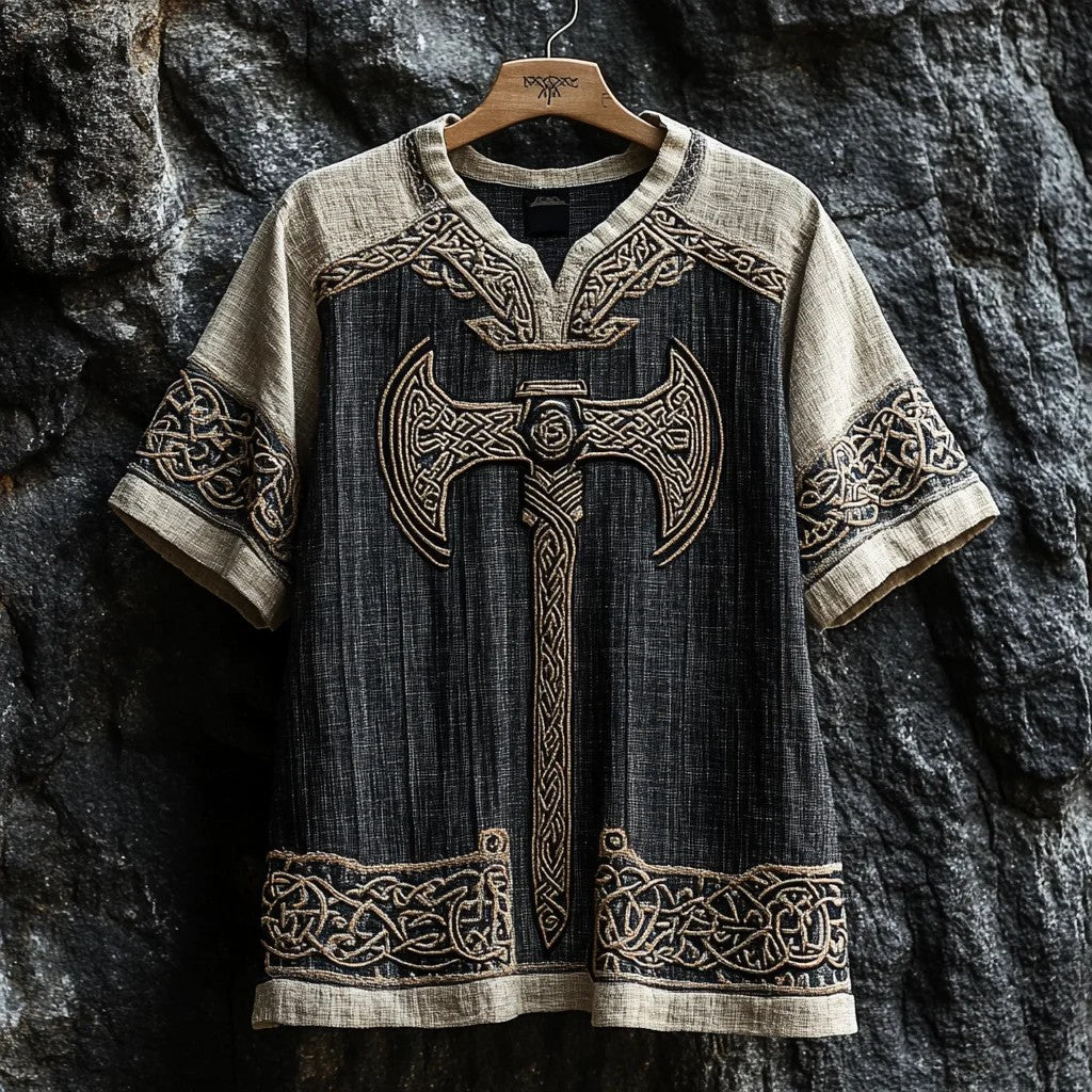 Men's Viking Celtic Knot Axe Tunic linen Shirt - Two-Tone Short Sleeve V-Neck