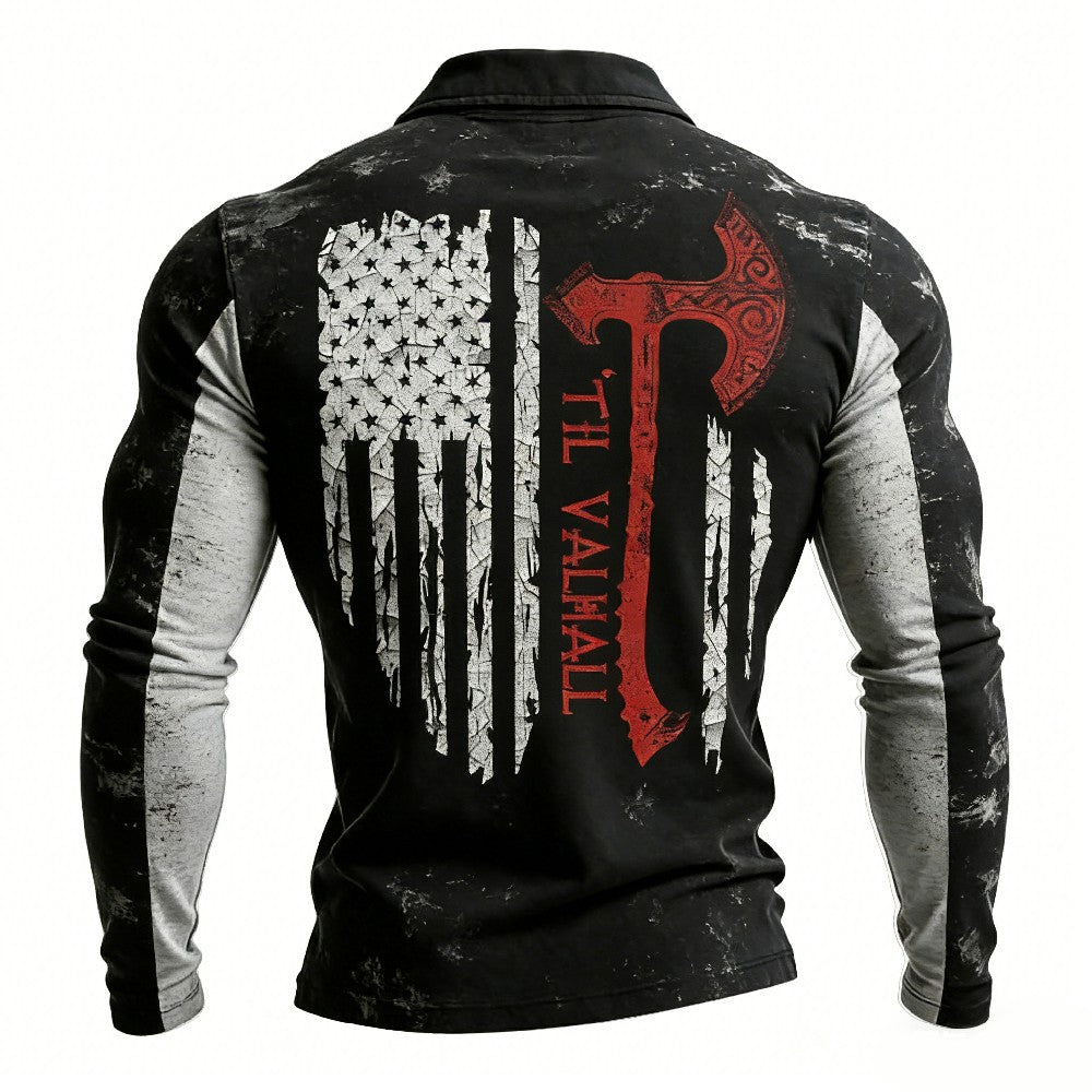 Vintage-washed printed Viking battle axe with American spirit half-zip pocket sweatshirt